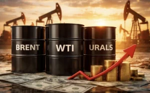 Бочки нафти Brent, WTI, Urals з червоною стрілкою зростання понад 122 долари за барель