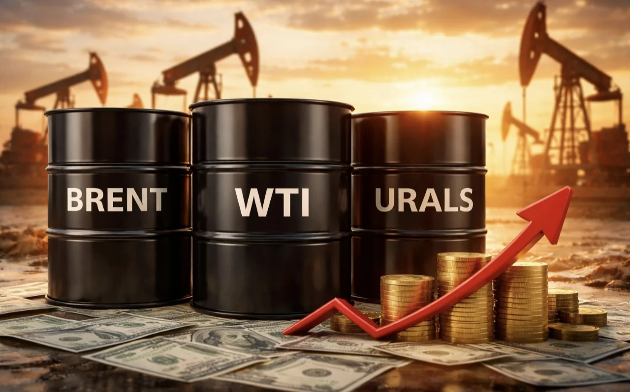 Бочки нафти Brent, WTI, Urals з червоною стрілкою зростання понад 122 долари за барель