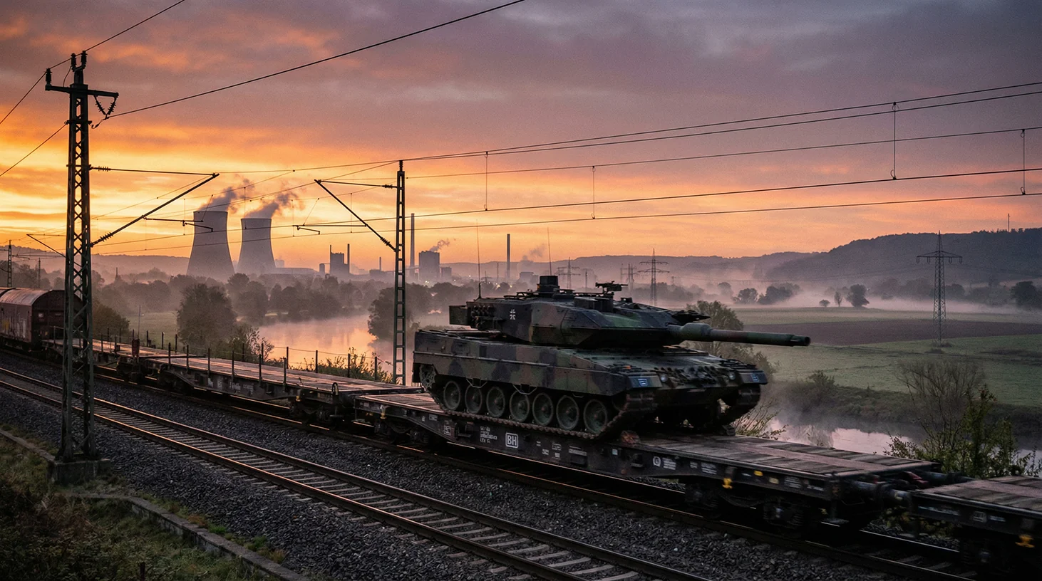 Танк Leopard Бундесверу на залізничній платформі серед німецьких пейзажів на заході сонця.