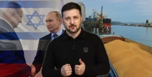 Зеленський з Нетаньягу та Путіним біля краденого зерна на тлі прапорів і порту