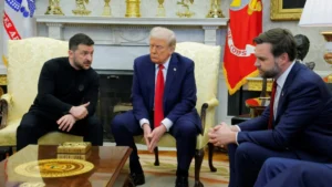Володимир Зеленський з Дональдом Трампом та представником його команди в Білому домі