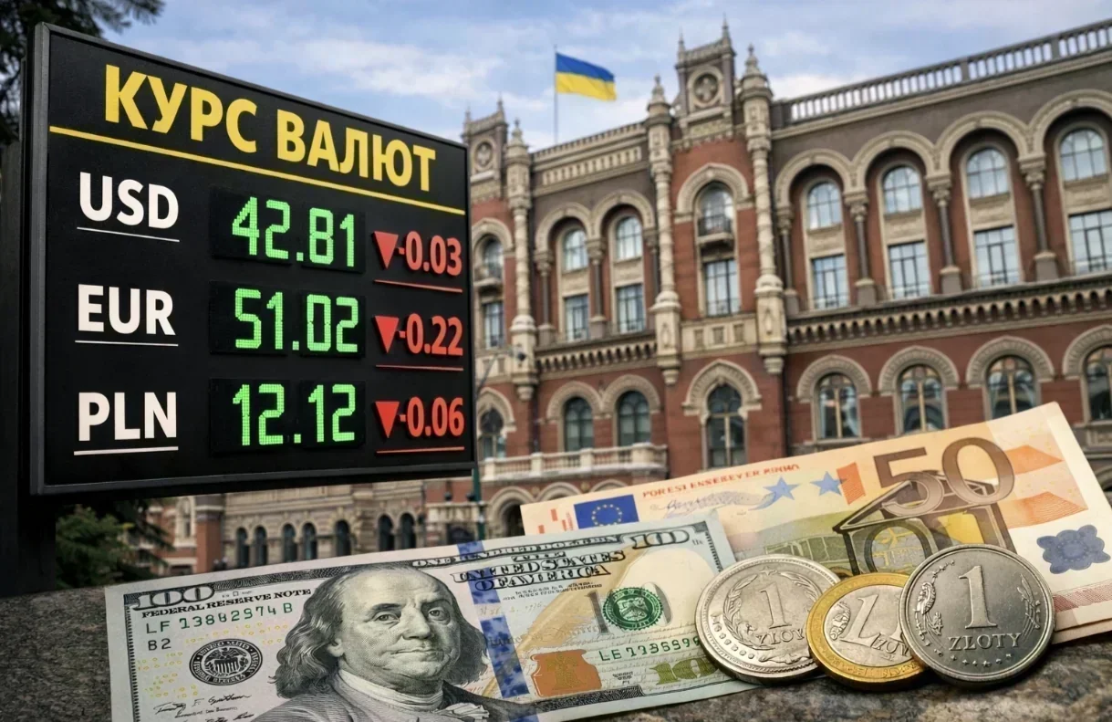 Курси долара та євро на табло перед будівлею Національного банку України