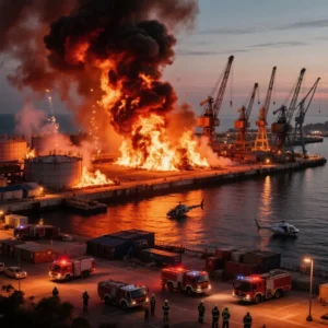 Пожежа в порту Краснодарського краю після удару дронів, дим над резервуарами та кранами