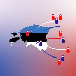 Карта Естонії з російськими матрьошками та стрілками тиску Путіна