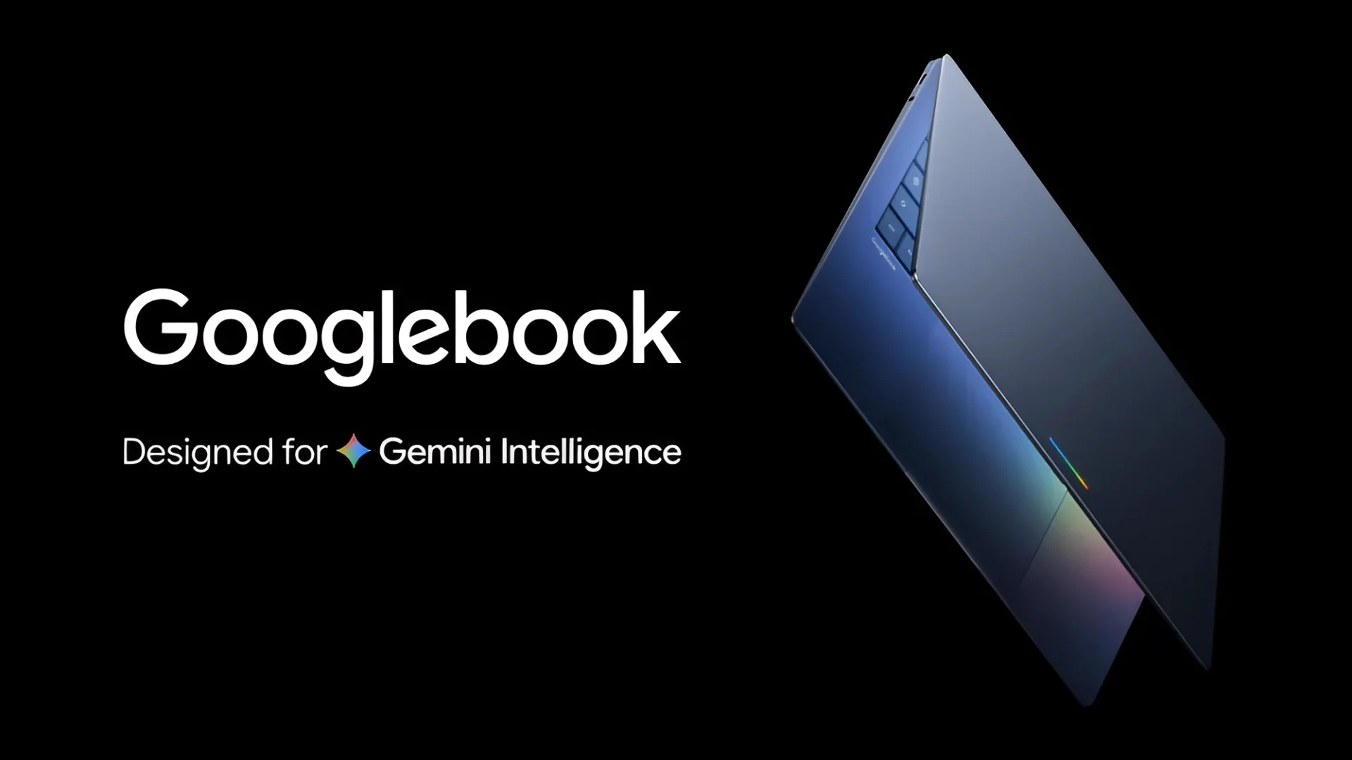 Ноутбук Googlebook темно-синього кольору з написом Designed for Gemini intelligence
