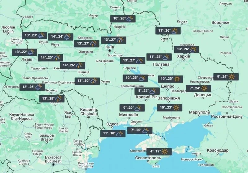 Карта прогнозу гроз в Україні 12 травня: температури 17-23°C на заході, Київщині, Житомирщині