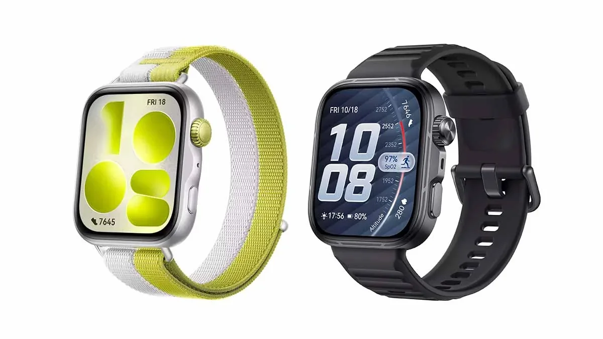 Huawei Watch Fit 5 Pro поряд з Apple Watch на яскравих дисплеях