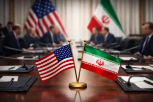 Прапори США та Ірану на столі переговорів щодо умов миру