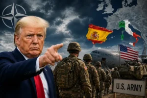 Дональд Трамп вказує на U.S. Army в Європі з прапорами Іспанії, Італії та НАТО