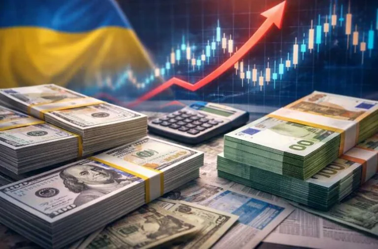 Зростання курсів долара та євро 11 травня: пачки USD, EUR, UAH на графіку з прапором України