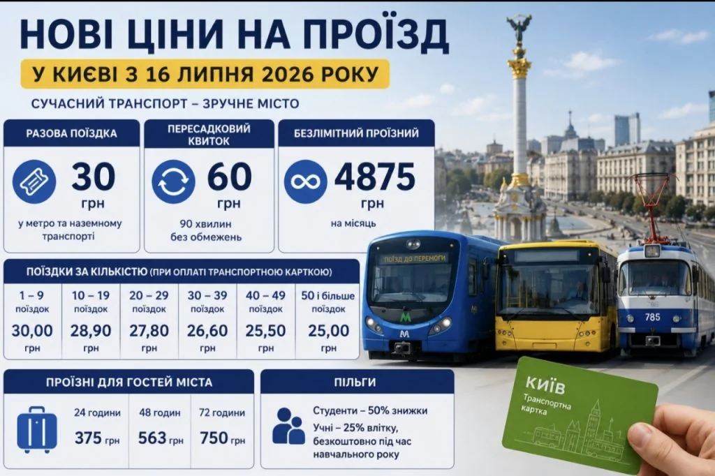 Нові тарифи на проїзд у Києві: разова поїздка 30 гривень із гнучкими знижками з 2026 року