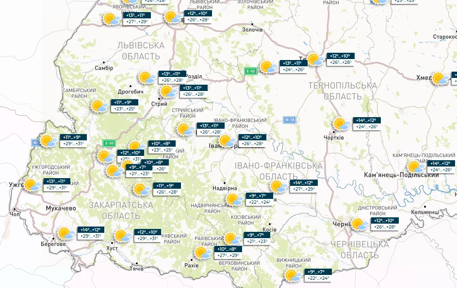 Карта температур України 5 травня: спека +27°C на заході, +23…+26°C по регіонах