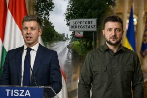Петер Мадяр та Володимир Зеленський на тлі знаку Берегове