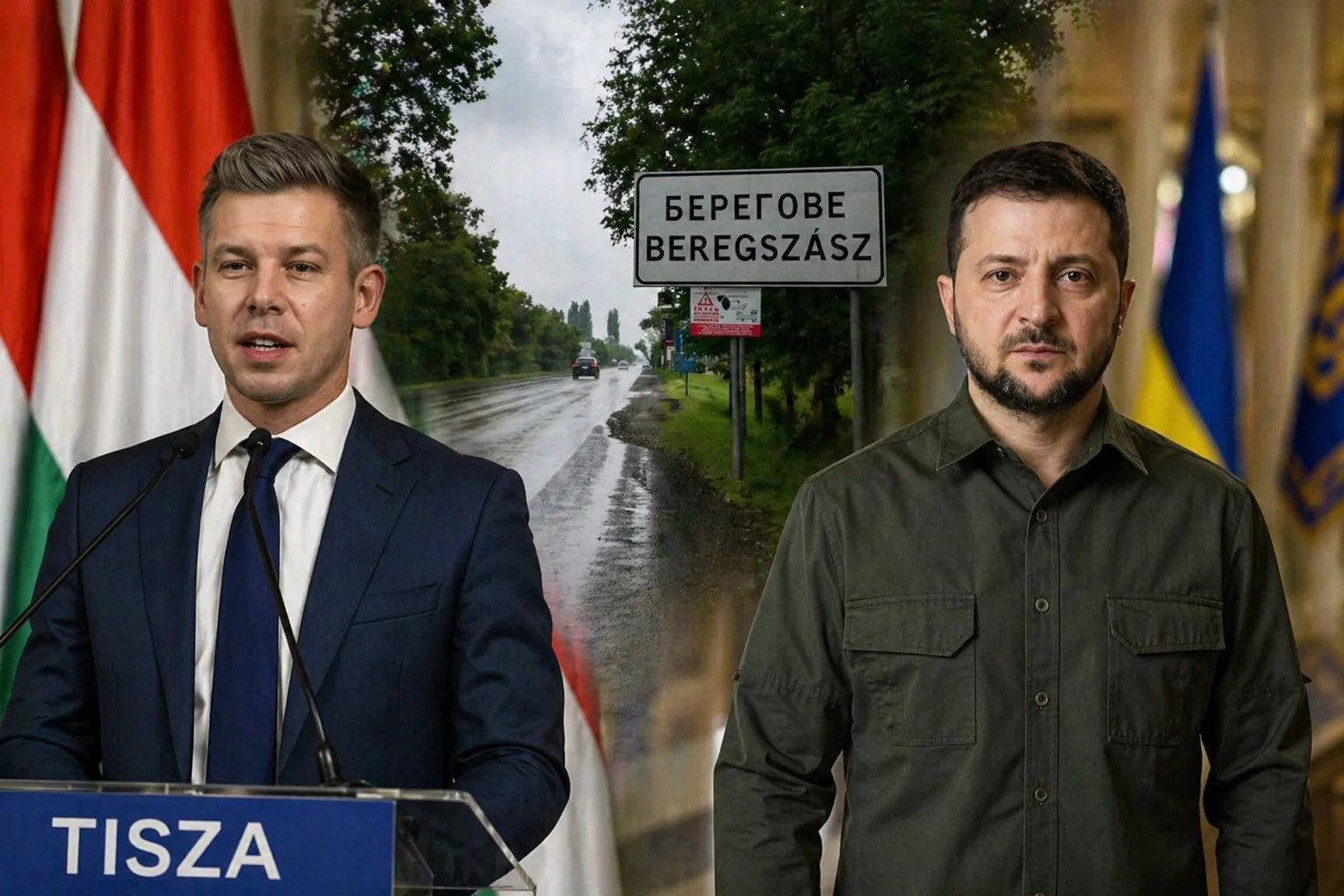 Петер Мадяр та Володимир Зеленський на тлі знаку Берегове