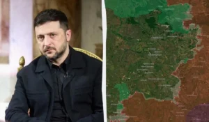 Володимир Зеленський на тлі карти Донбасу в контексті звинувачень Мендель у «здачі»