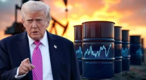 Дональд Трамп перед нафтовими бочками з графіком зростання цін Brent і WTI