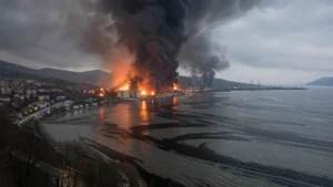 Масивна пожежа на Туапсинському НПЗ у Туапсе з нафтовою плямою в Чорному морі