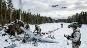 Фінські прикордонники оглядають уламки невідомого дрона в Віролахті біля кордону з РФ