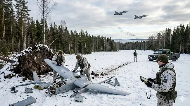 Фінські прикордонники оглядають уламки невідомого дрона в Віролахті біля кордону з РФ