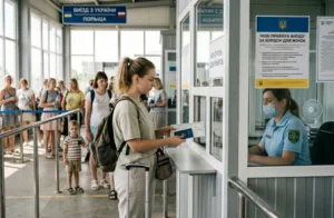 Жінка з дитиною подає документи на виїзд з України за новими правилами