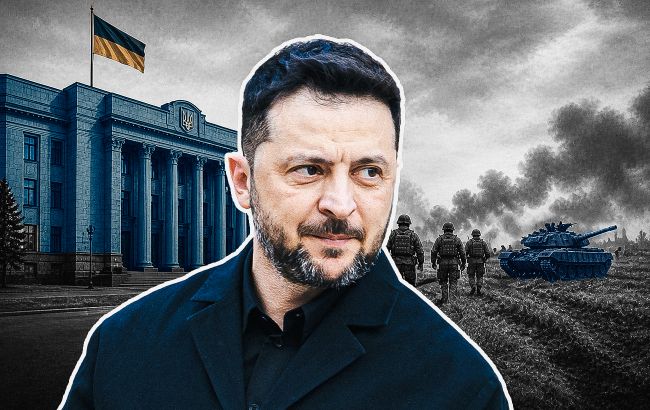 Владимир Зеленский перед Верховной Радой на фоне войны с танком и солдатами