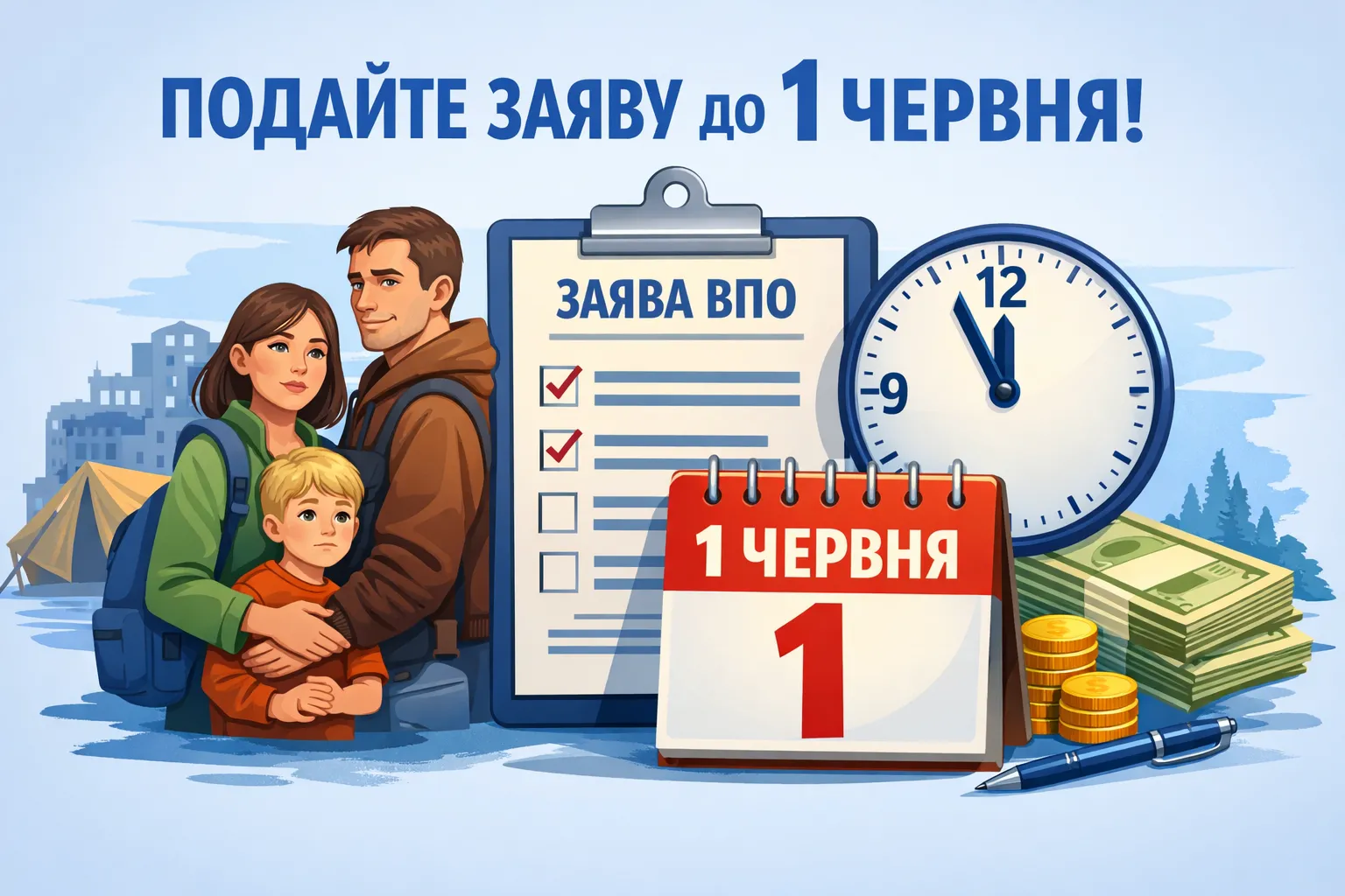 Сімя ВПО подає заяву на виплати до 1 червня з календарем і грошима