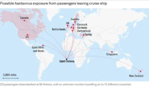 Карта поширення пасажирів лайнера MV Hondius з хантавірусом по країнах світу