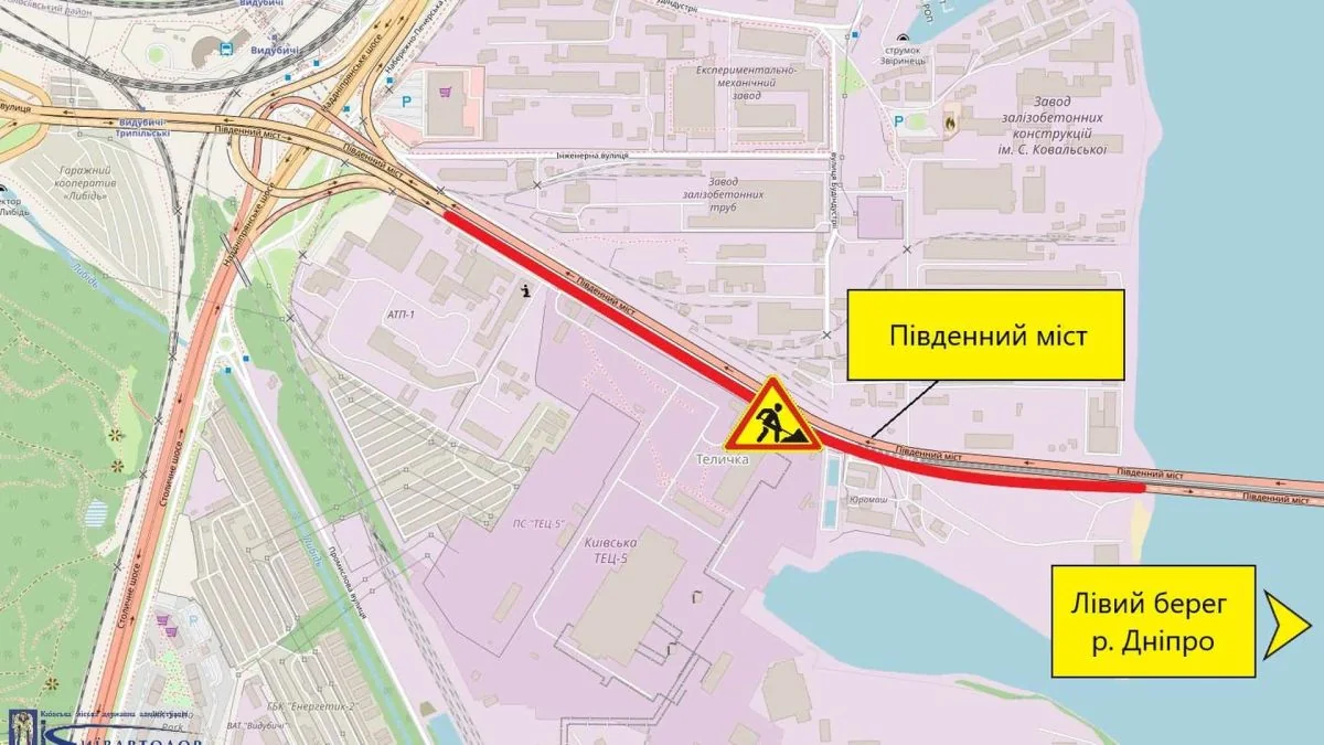 Схема Південного мосту в Києві з ділянкою ремонту на правобережній естакаді