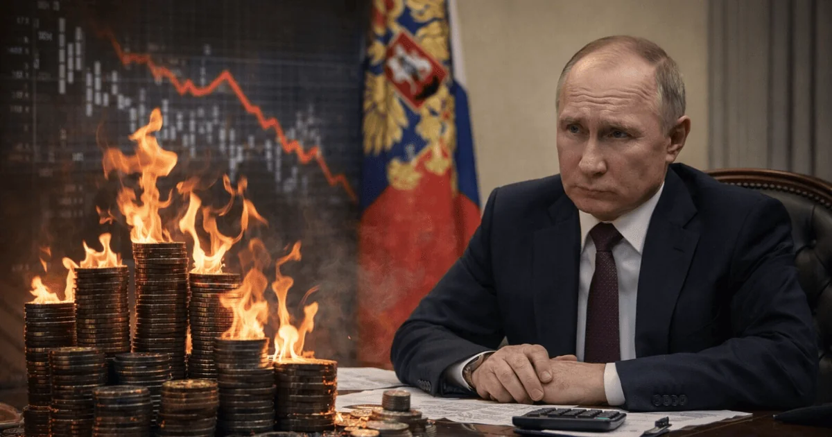 Володимир Путін за столом на тлі палаючих грошей та графіка економічного спаду РФ