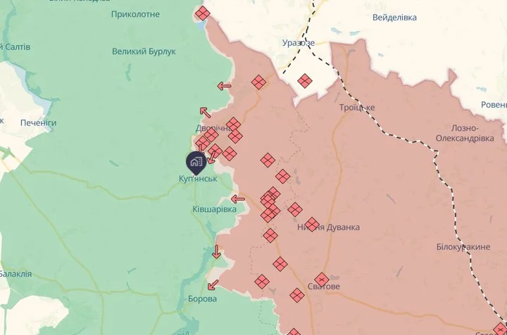 Карта штурму Купянська з півночі через Голубівку з червоними маркерами атак