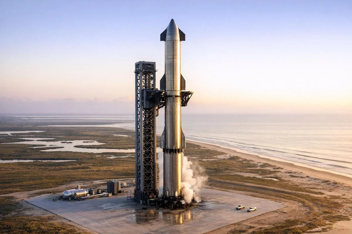Starship V3 на пусковій вежі техаського космодрому SpaceX з димом від двигунів
