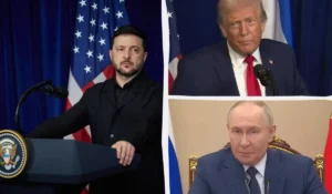Дональд Трамп, Володимир Зеленський та Володимир Путін на тлі переговорів щодо України