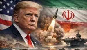 Дональд Трамп на тлі іранської ракети, авіаносця США та прапорів