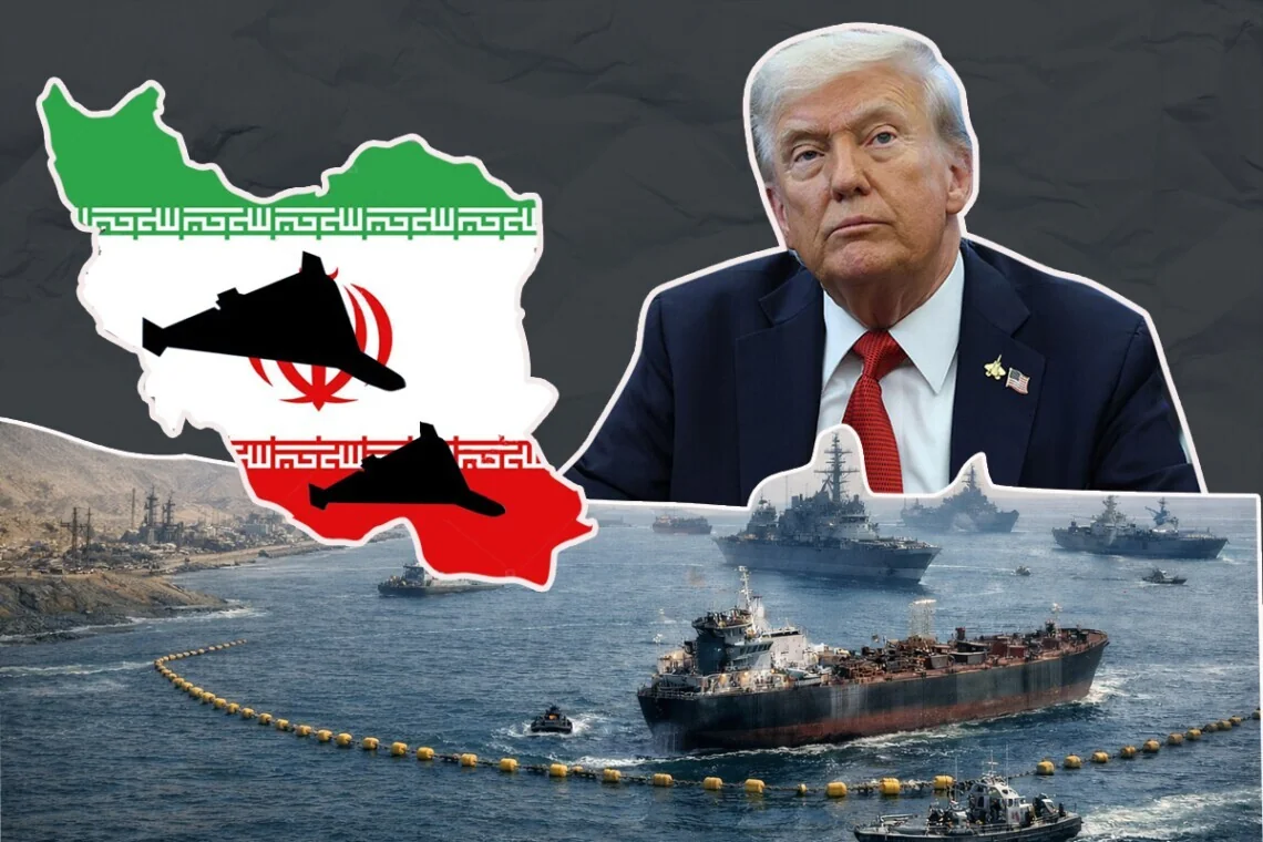 Дональд Трамп на тлі прапора Ірану та кораблів в Ормузькій протоці