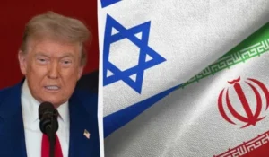 Дональд Трамп на тлі прапорів Ізраїлю та Ірану