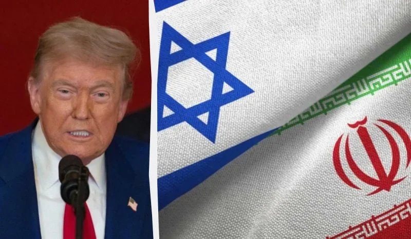 Дональд Трамп на тлі прапорів Ізраїлю та Ірану