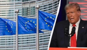 Дональд Трамп виступає на тлі прапорів ЄС та будівлі Євросоюзу
