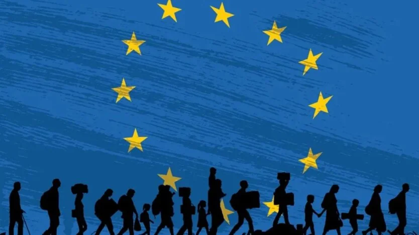 Силуети українських мігрантів з валізами на тлі прапора ЄС.