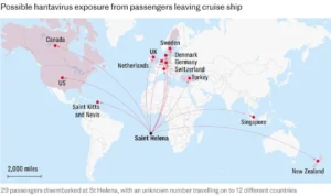 Світова карта маршрутів пасажирів лайнера MV Hondius з хантавірусом до 12 країн