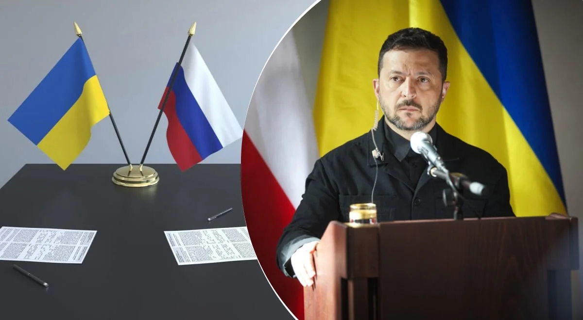 Володимир Зеленський виступає щодо переговорів з РФ на тлі прапорів України та Росії