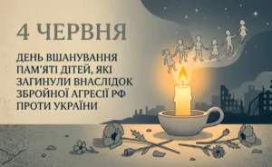 Свічка памяті та силуети дітей-жертв агресії РФ на тлі руїн 4 червня