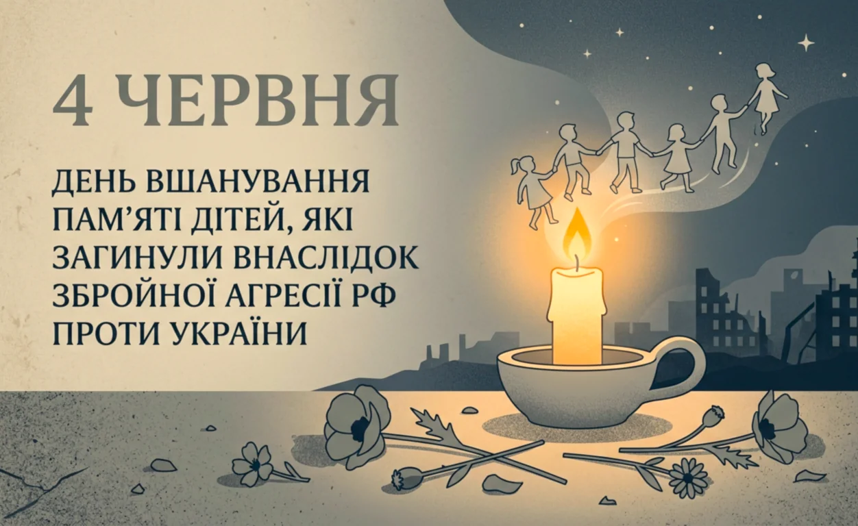 Свічка памяті та силуети дітей-жертв агресії РФ на тлі руїн 4 червня