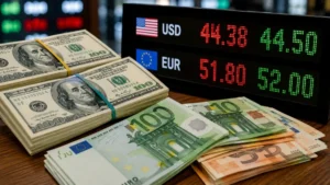 Курси долара та євро на табло обмінного пункту 5 червня