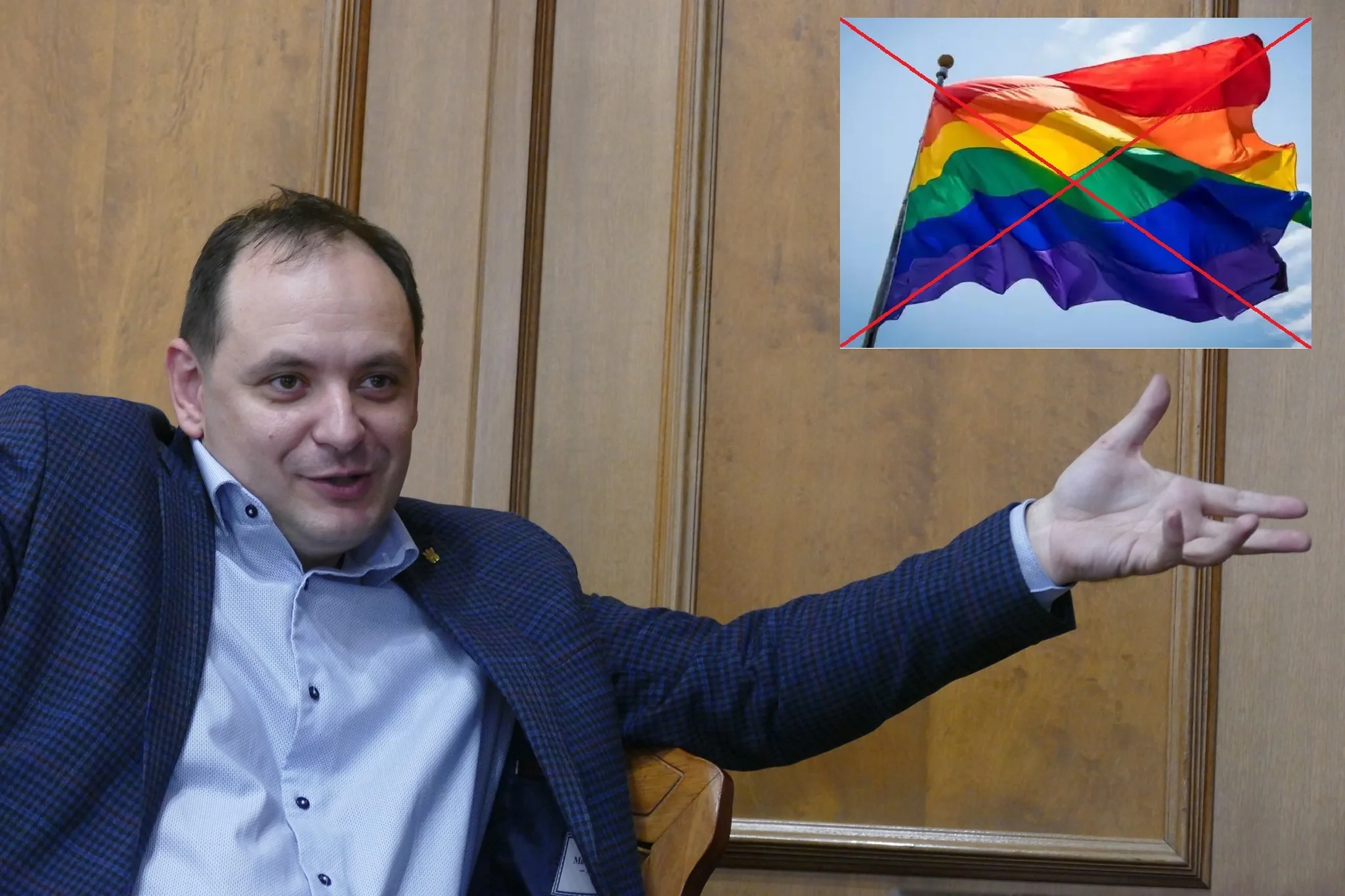 Мер Івано-Франківська Руслан Марцінків на тлі перекресленого прапора ЛГБТ