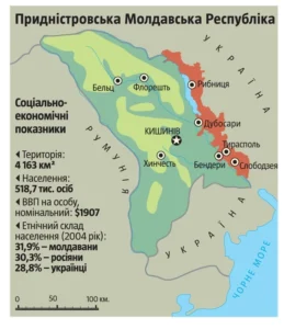Карта Придністров’я з Тирасполем, Бендерами та соціально-економічними показниками Молдови й України