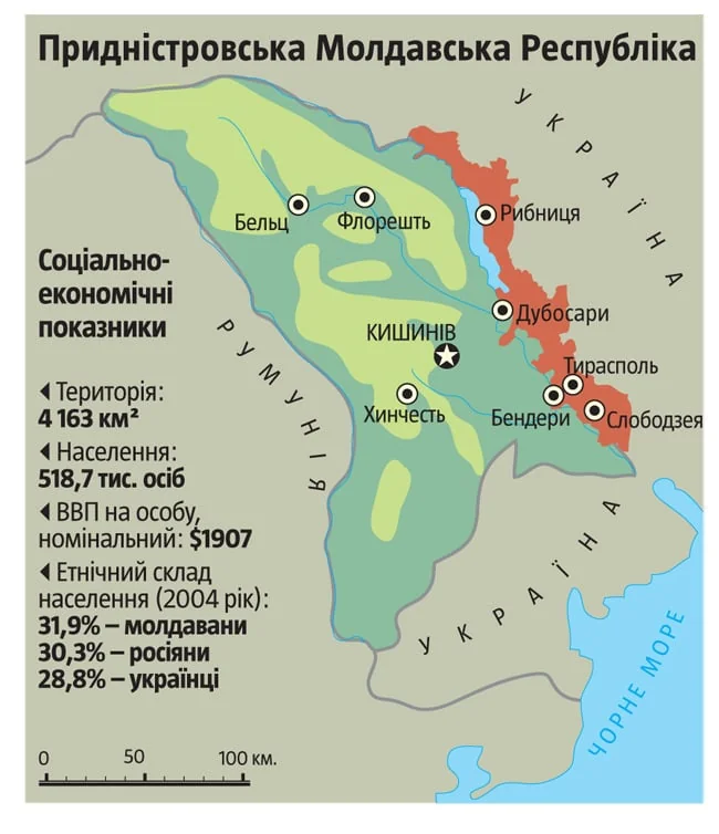 Карта Придністров’я з Тирасполем, Бендерами та соціально-економічними показниками Молдови й України