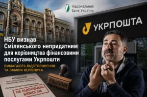 Ігор Смілянський на тлі будівлі НБУ та логотипу Укрпошти з рішенням про невідповідність