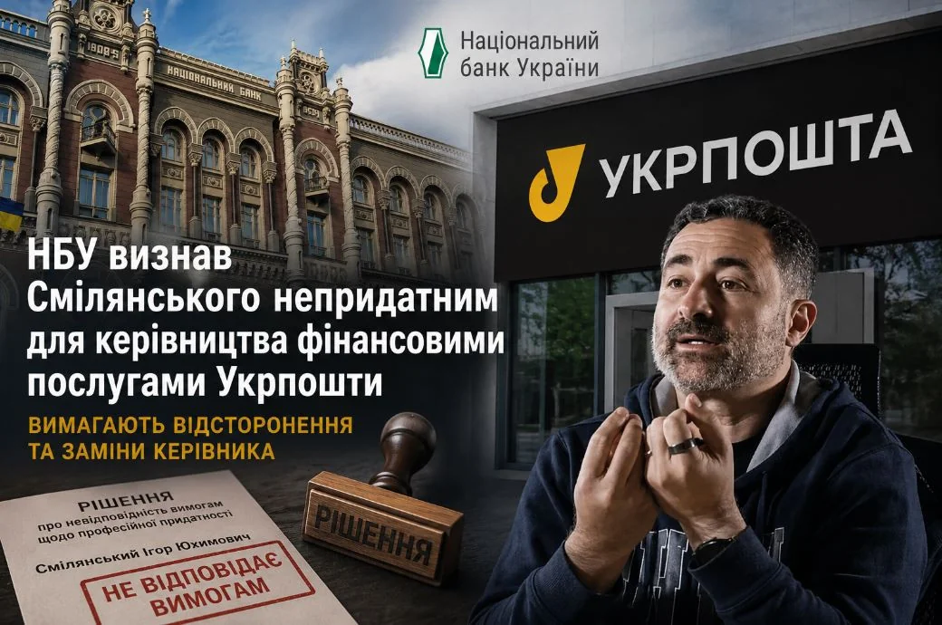 Ігор Смілянський на тлі будівлі НБУ та логотипу Укрпошти з рішенням про невідповідність