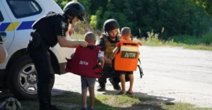 Поліцейські супроводжують дітей під час евакуації в Донецькій області