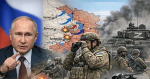 Путін на тлі мапи Бахмута та українських військових на фронті